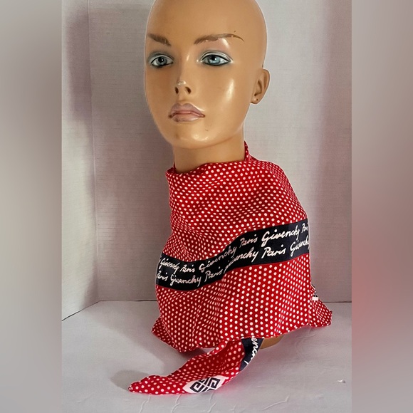 Givenchy Vintage Red Blue Silk Logo Scarf - Picture 6 of 13